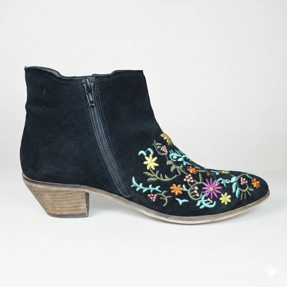 Diba Size 8.5 Booties Embroidered Black Suede Leather Rainbow Floral Western